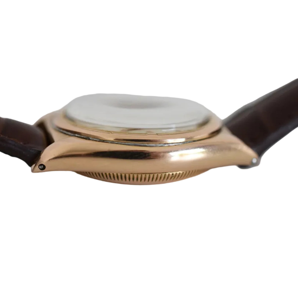 ROLEX "Perpetual Ovetto Bubbleback" watch in rose gold and leather