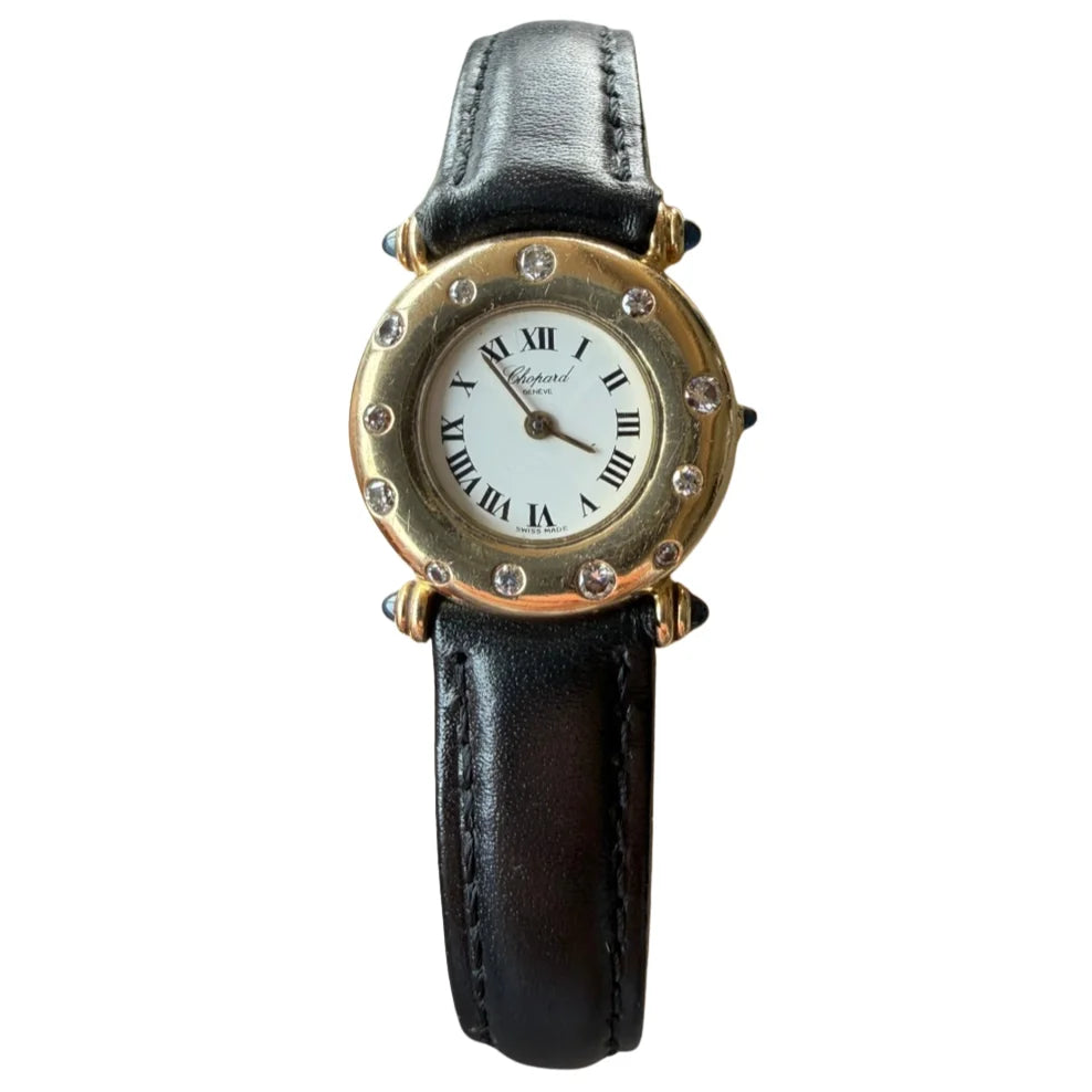 CHOPARD "Classic" Watch in yellow gold, leather, Sapphire, and Diamonds