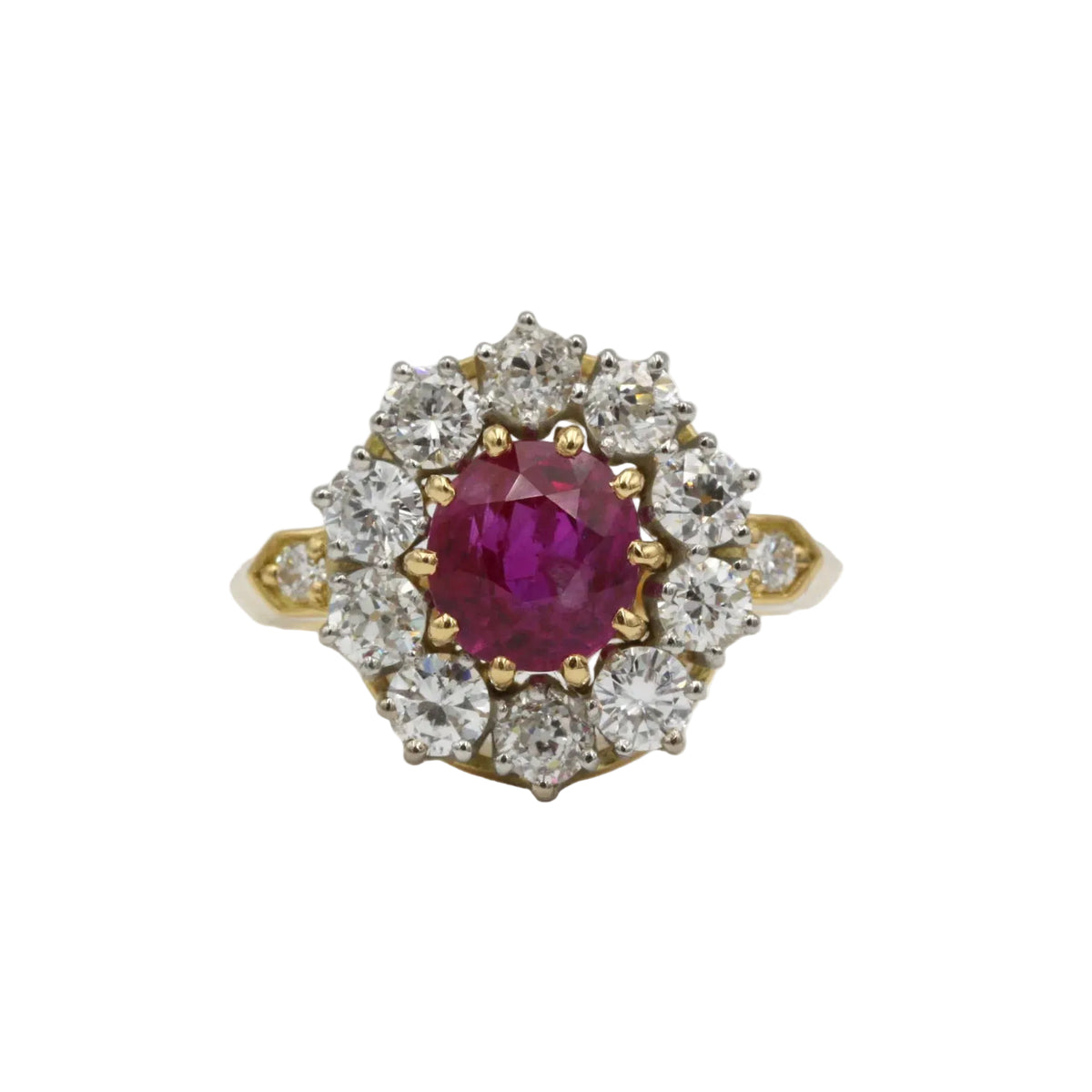 Marguerite Ring in yellow gold, platinum, rubies, and diamonds
