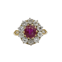 Marguerite Ring in yellow gold, platinum, rubies, and diamonds