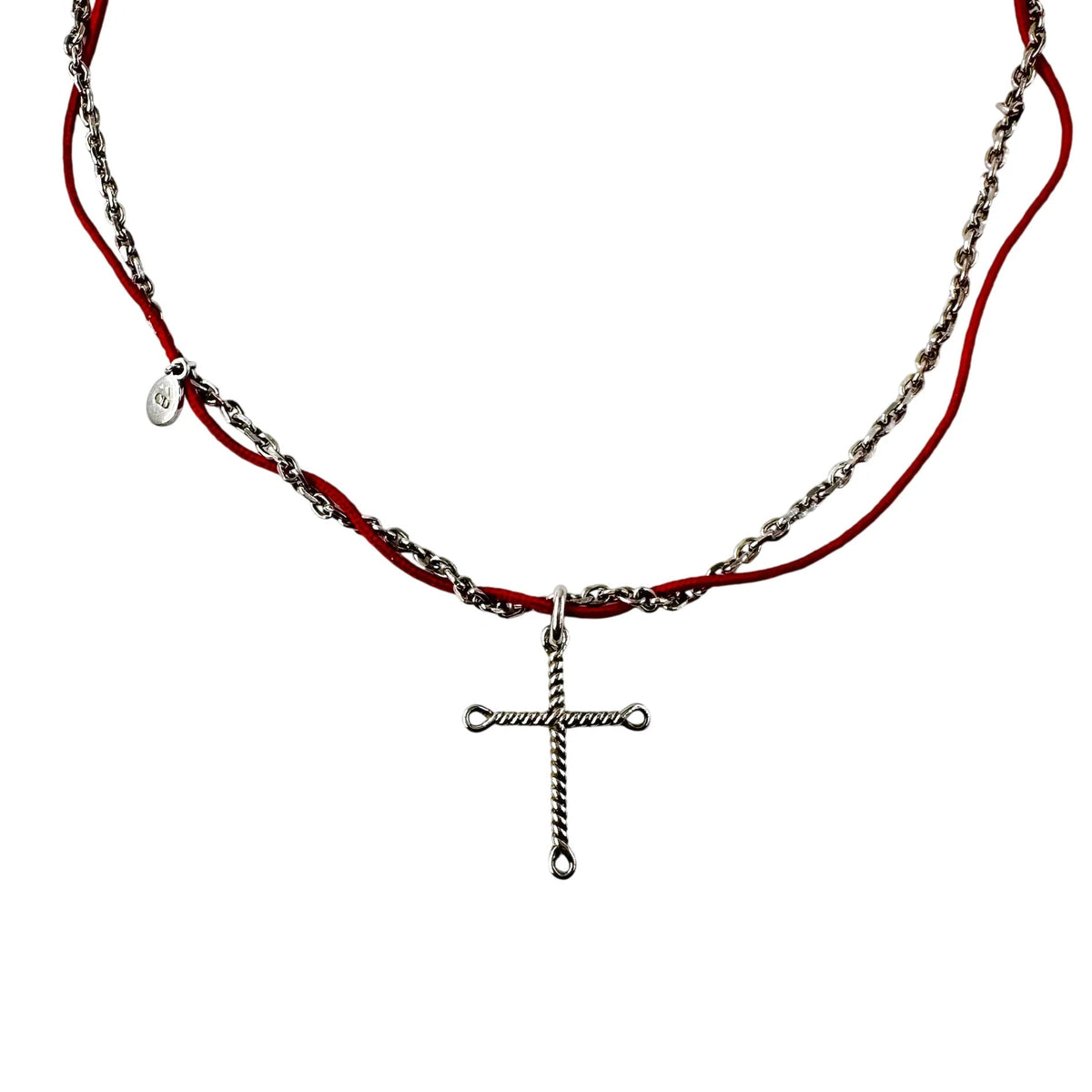 DIOR Silver Cross Pendant Necklace with Cord