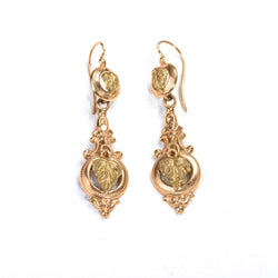 Vintage drop earrings in rose gold and green gold with a vine leaf motif