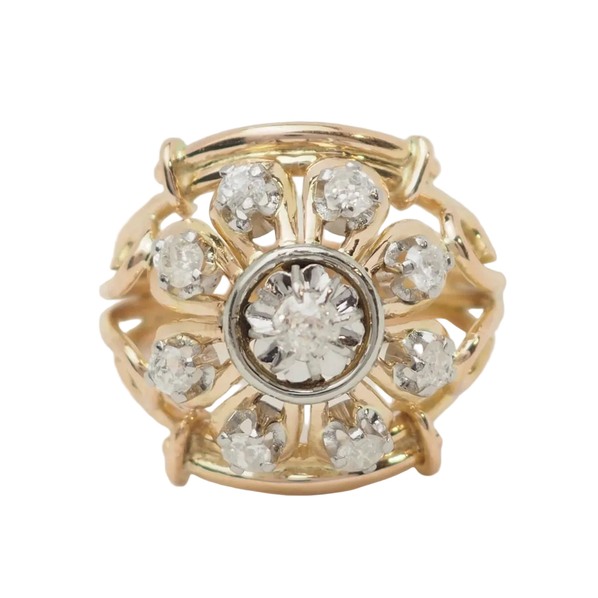 Tank Ring in yellow gold, Platinum, and Diamonds