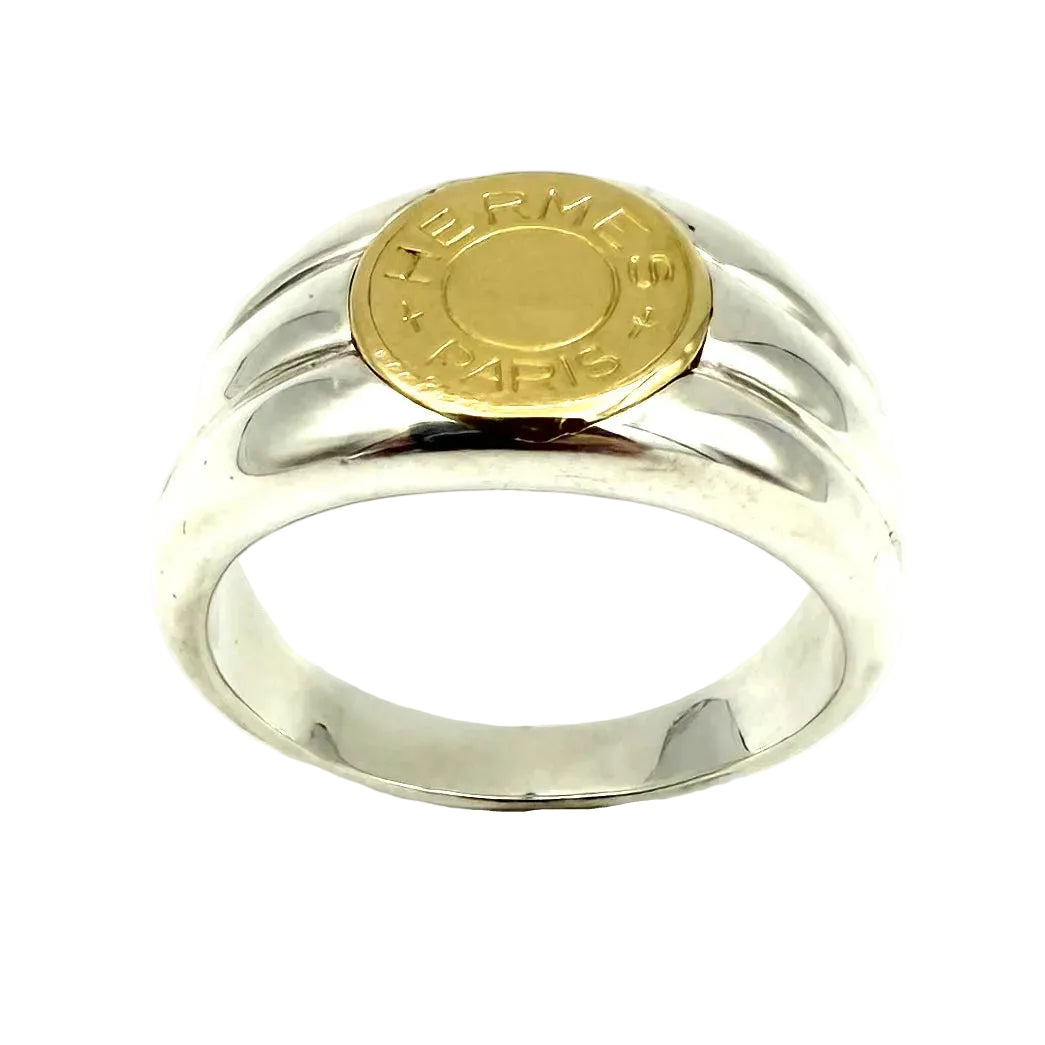 HERMÈS "Clou de selle" Signet ring in yellow gold and silver