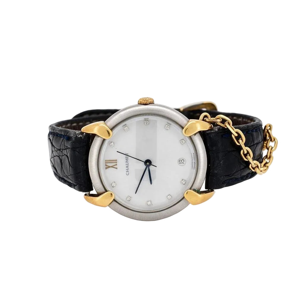 CHAUMET "Elysée" GM Watch in yellow gold, stainless steel, leather, and Diamonds