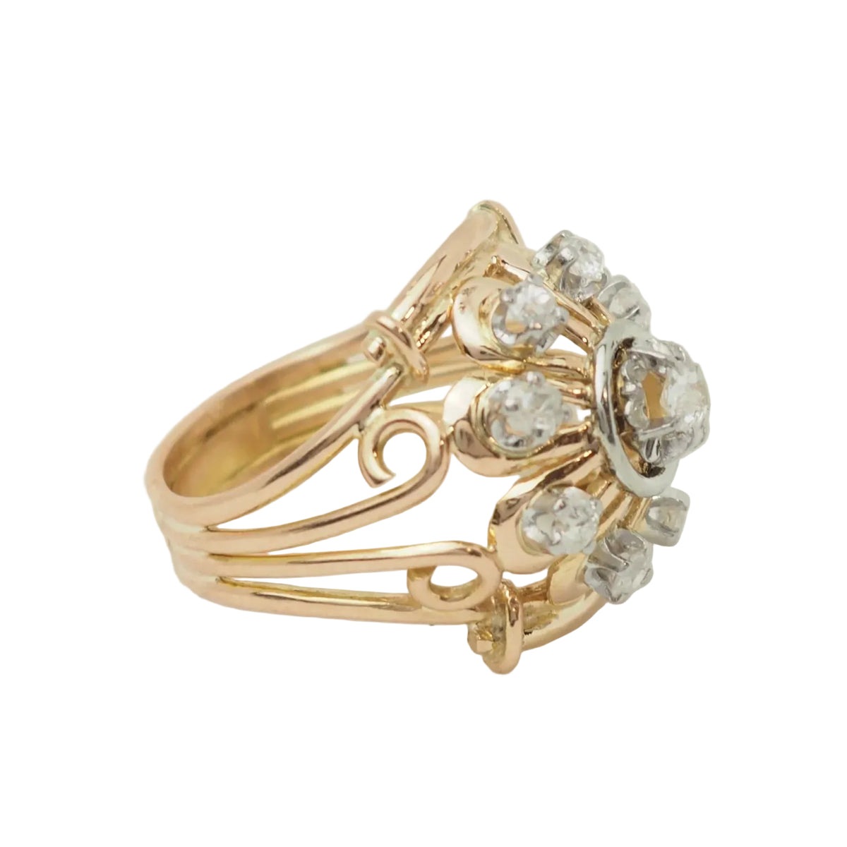 Tank Ring in yellow gold, Platinum, and Diamonds