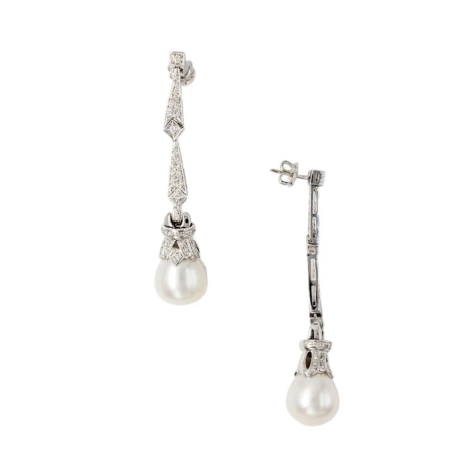 White Gold Drop Earrings with Pearls and Diamonds