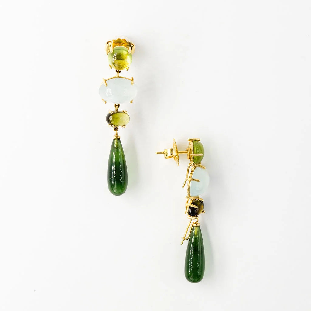 OLE LYNGGAARD "Aqua Lotus" Dangle Earrings in yellow gold with aquamarine, peridot, Tourmaline, and serpentine