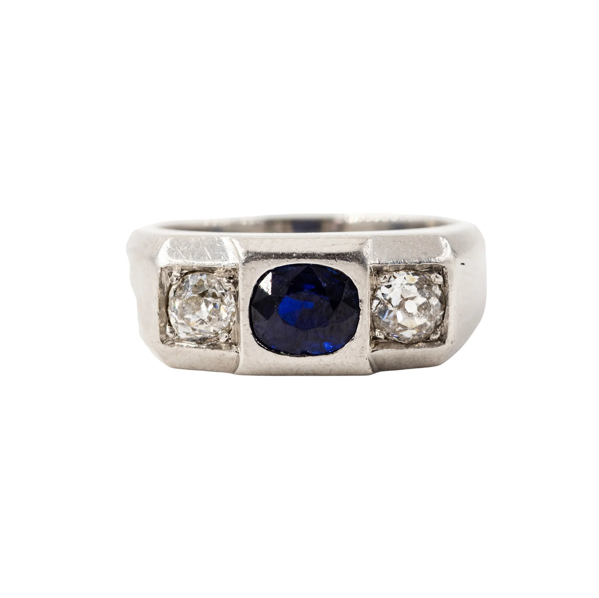 LOUIS HEISSLER Art Deco Tank Ring in platinum, sapphire, and diamonds