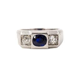 LOUIS HEISSLER Art Deco Tank Ring in platinum, sapphire, and diamonds