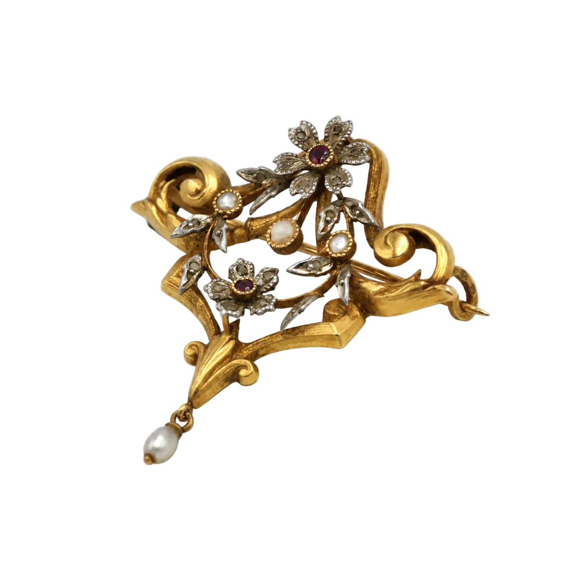 Brooch and Pendant in white gold, yellow gold, garnets, pearls, and diamonds
