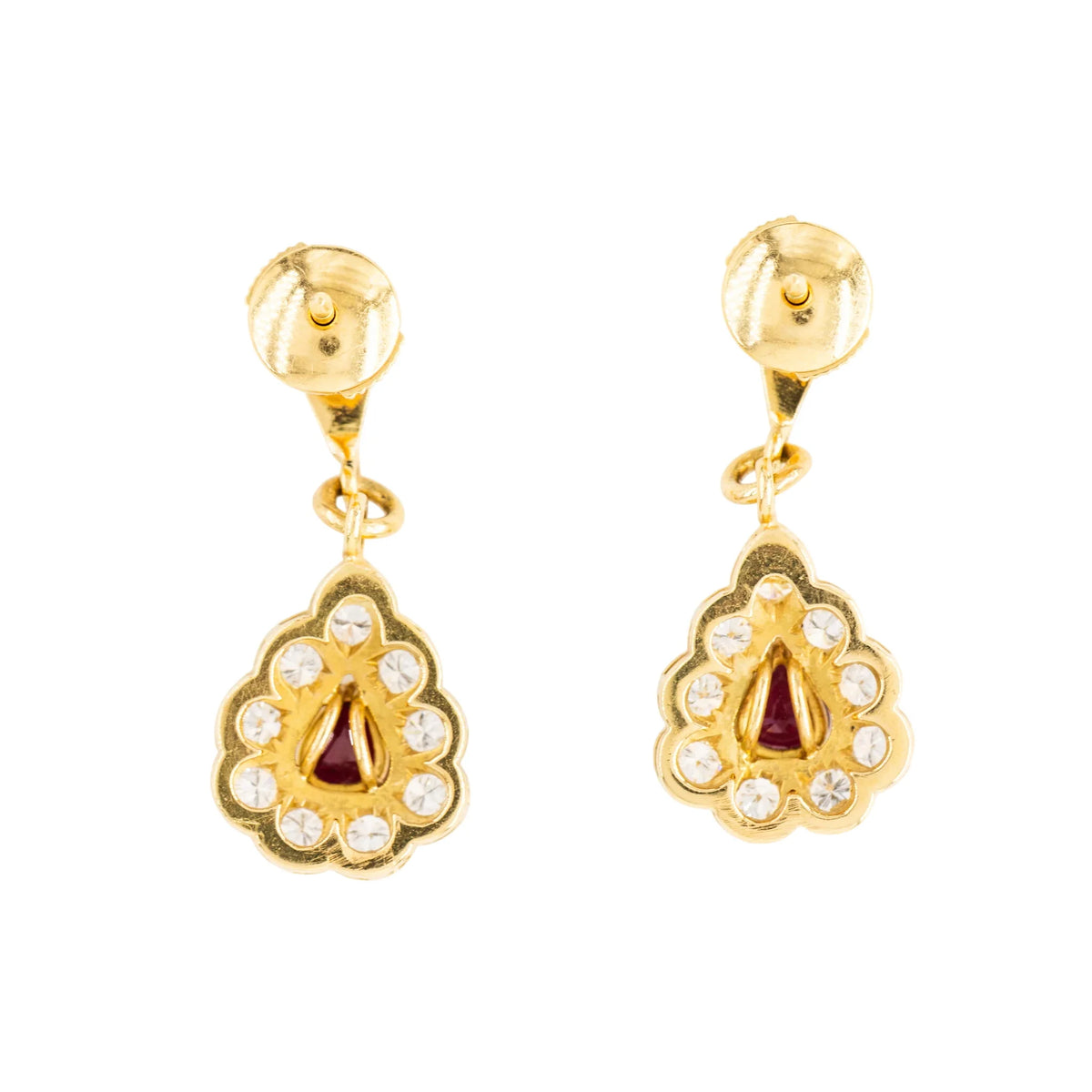 Pair of yellow gold earrings with diamonds and rubies