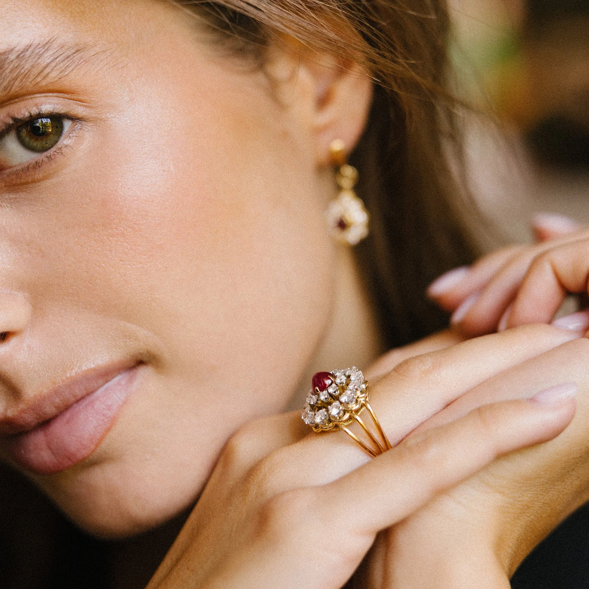 Yellow gold and platinum ring with diamonds and rubies
