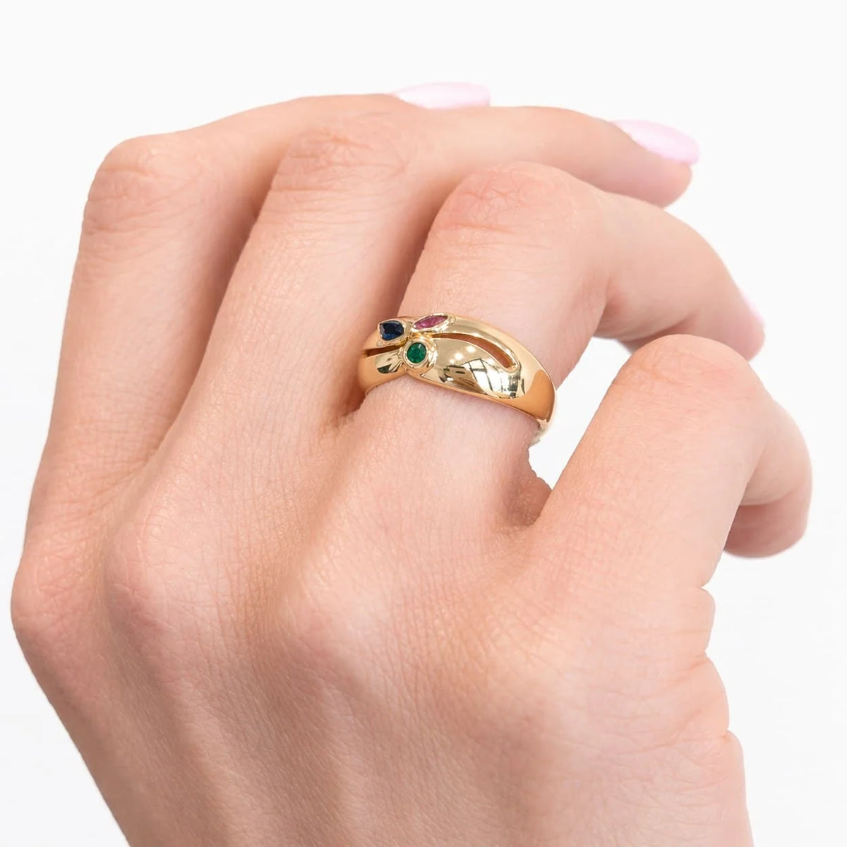 Yellow Gold Bangle Ring with Emerald, Sapphire, and Ruby