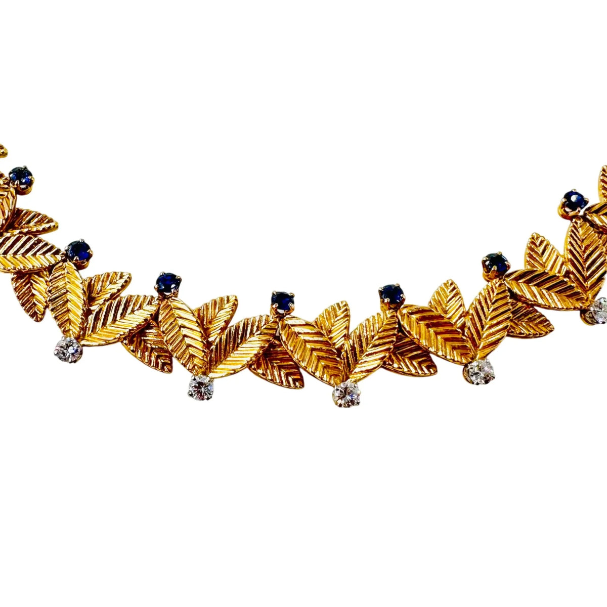 VAN CLEEF & ARPELS Choker Necklace with Yellow Gold Leaves, Sapphires, and Diamonds
