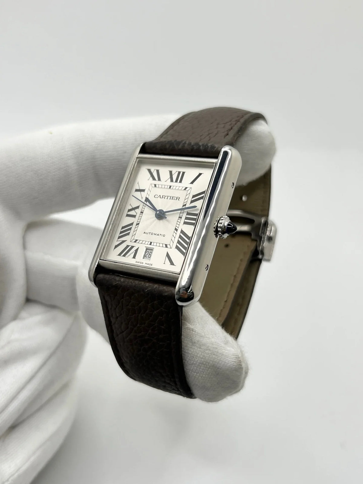 CARTIER "Tank Solo XL" Watch in Stainless Steel and Leather