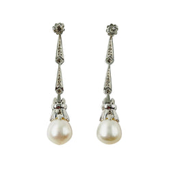 White Gold Dangle Earrings with Pearls and Diamonds