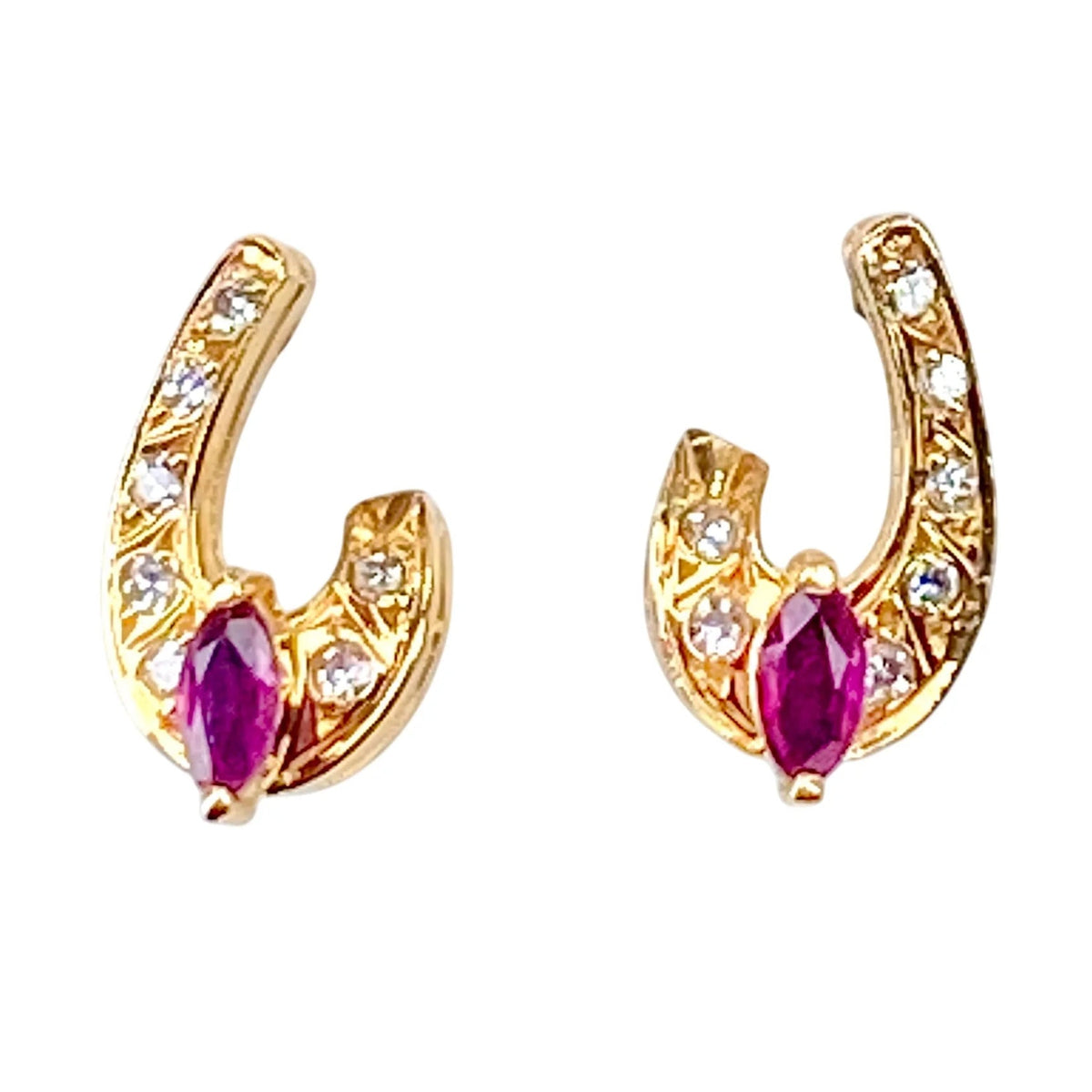 Pair of 18-carat yellow gold earrings with diamonds and red gemstones
