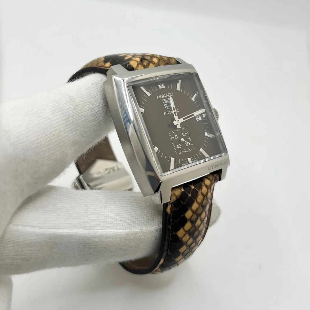 TAG HEUER "Monaco Calibre 6" Watch in Stainless Steel and Leather