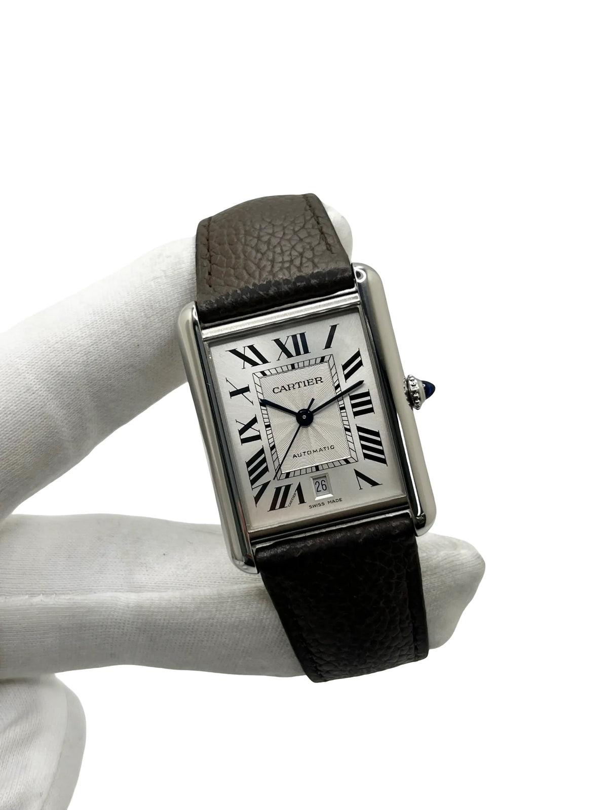 CARTIER "Tank Solo XL" Watch in Stainless Steel and Leather
