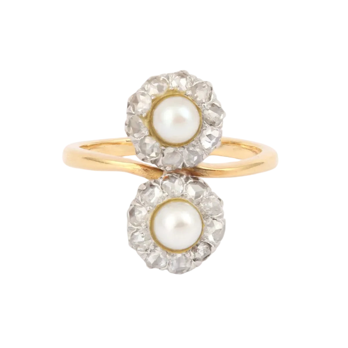 "Toi & Moi" Ring in yellow gold, platinum, pearls, and diamonds
