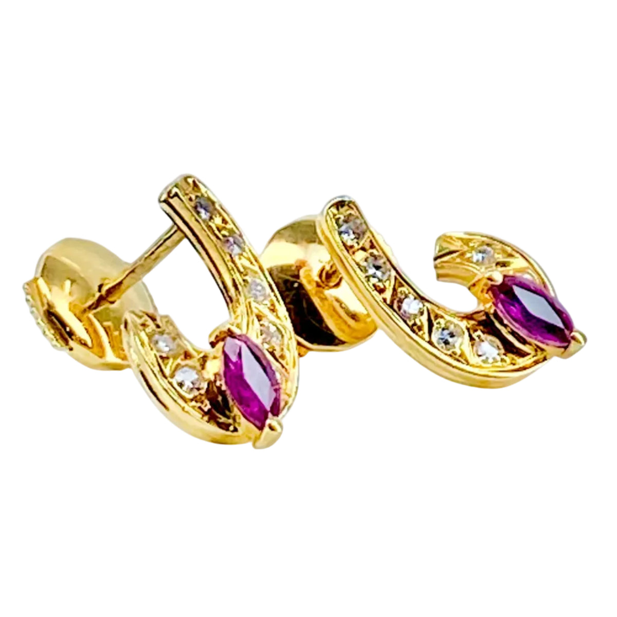 Pair of 18-carat yellow gold earrings with diamonds and red gemstones