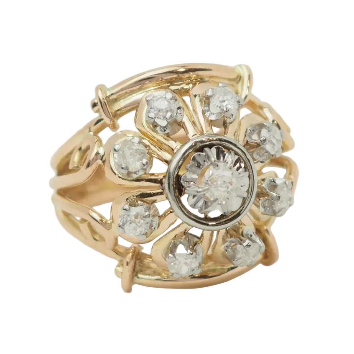 Tank Ring in yellow gold, Platinum, and Diamonds