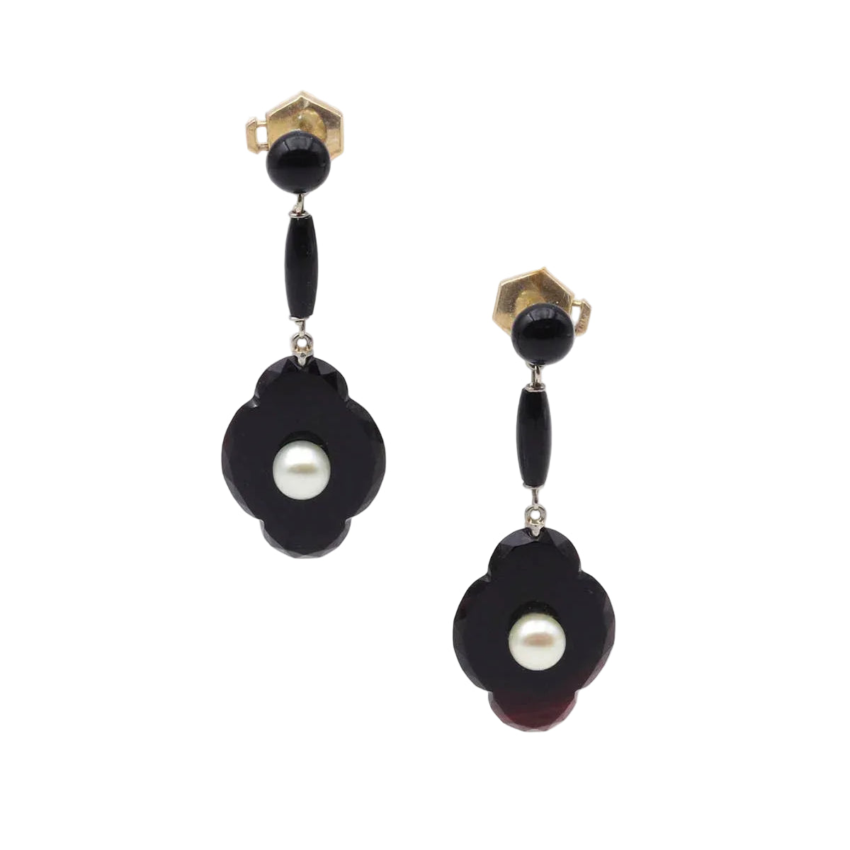 Drop Earrings in Yellow Gold, Platinum, Onyx, and Pearls