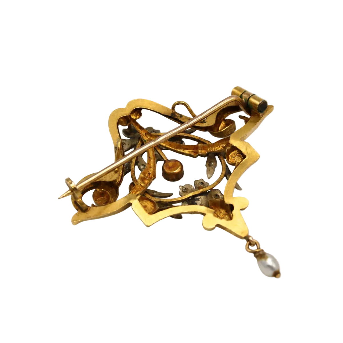Brooch and Pendant in white gold, yellow gold, garnets, pearls, and diamonds