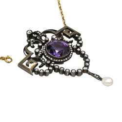 Necklace with a pendant made of yellow gold, silver, Amethyst, pearl, and diamonds
