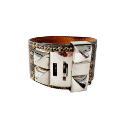 HERMÈS "Dog Collar" Leather and Steel Cuff Bracelet