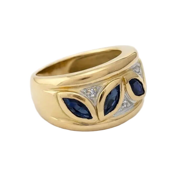 Band Ring in white gold, yellow gold, sapphires, and diamonds