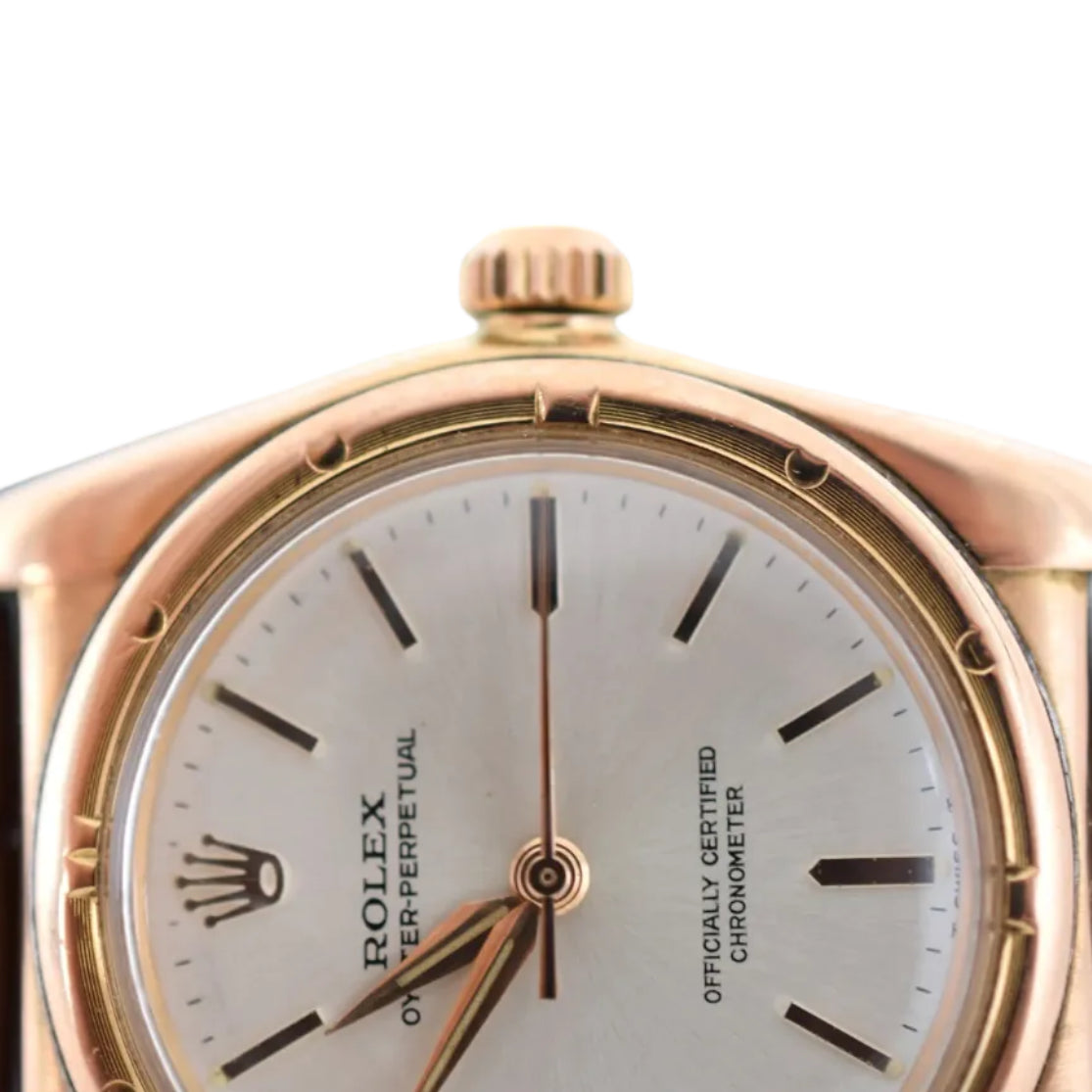 ROLEX "Perpetual Ovetto Bubbleback" watch in rose gold and leather
