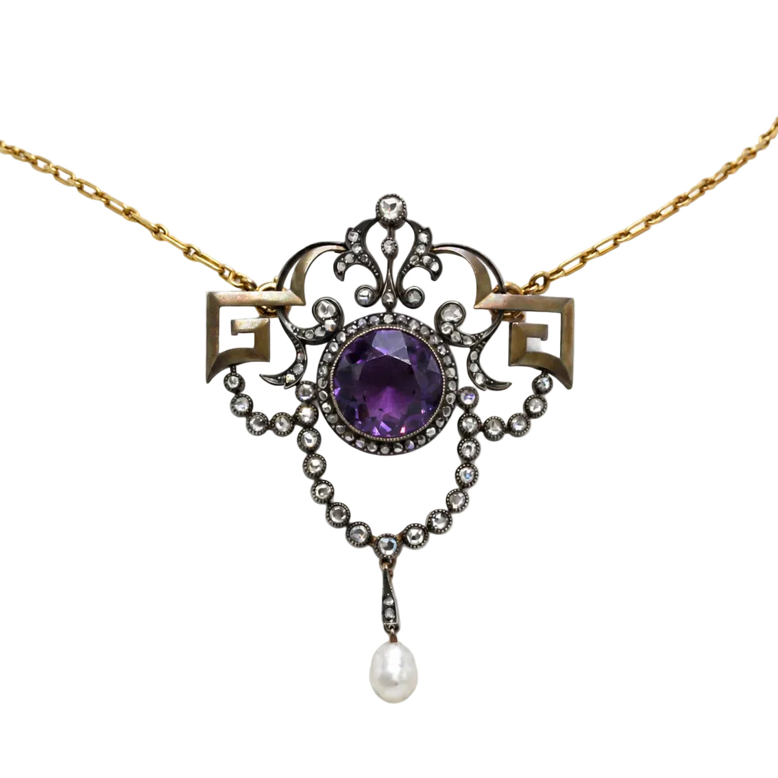 Necklace with a pendant made of yellow gold, silver, Amethyst, pearl, and diamonds