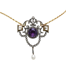 Necklace with a pendant made of yellow gold, silver, Amethyst, pearl, and diamonds