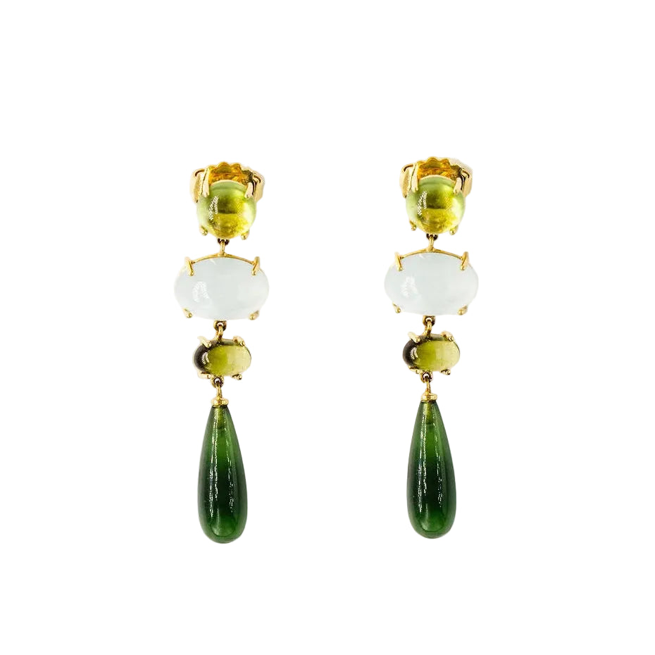 OLE LYNGGAARD "Aqua Lotus" Dangle Earrings in yellow gold with aquamarine, peridot, Tourmaline, and serpentine