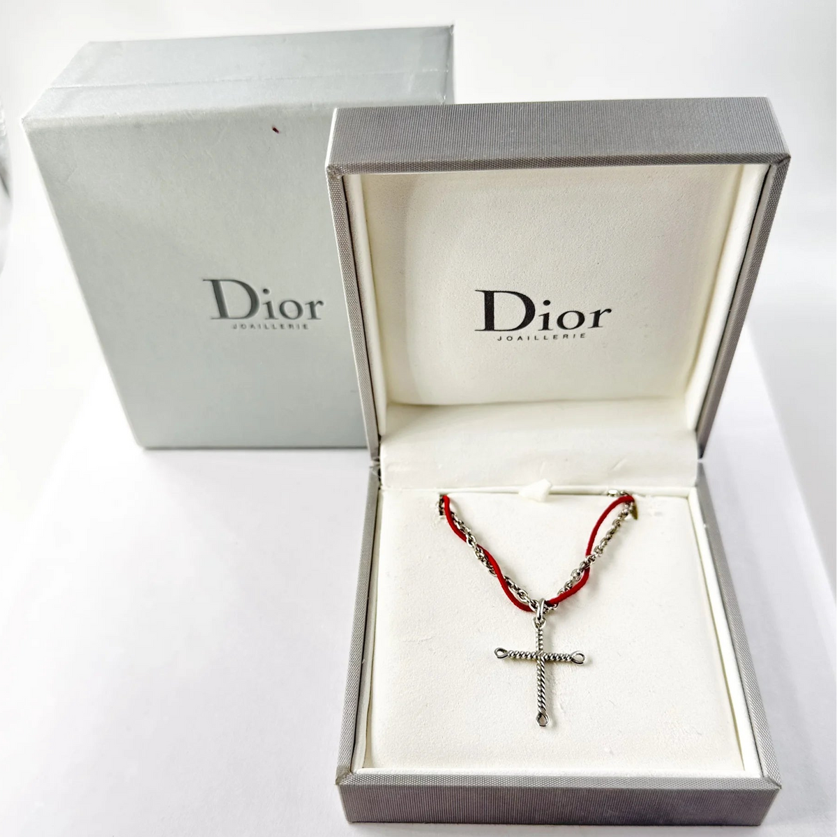 DIOR Silver Cross Pendant Necklace with Cord