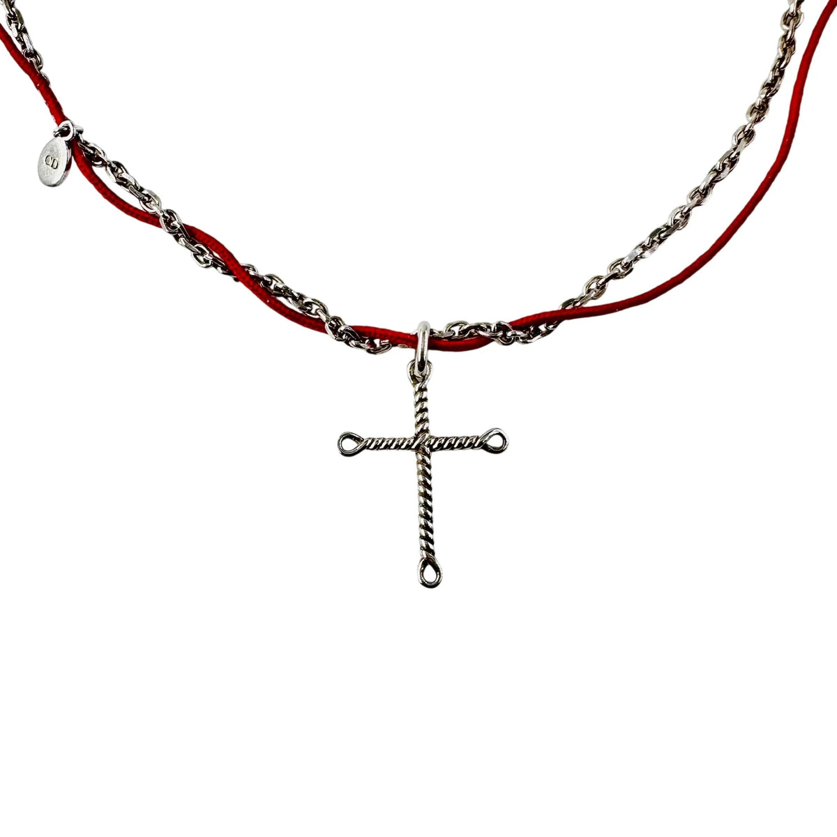 DIOR Silver Cross Pendant Necklace with Cord