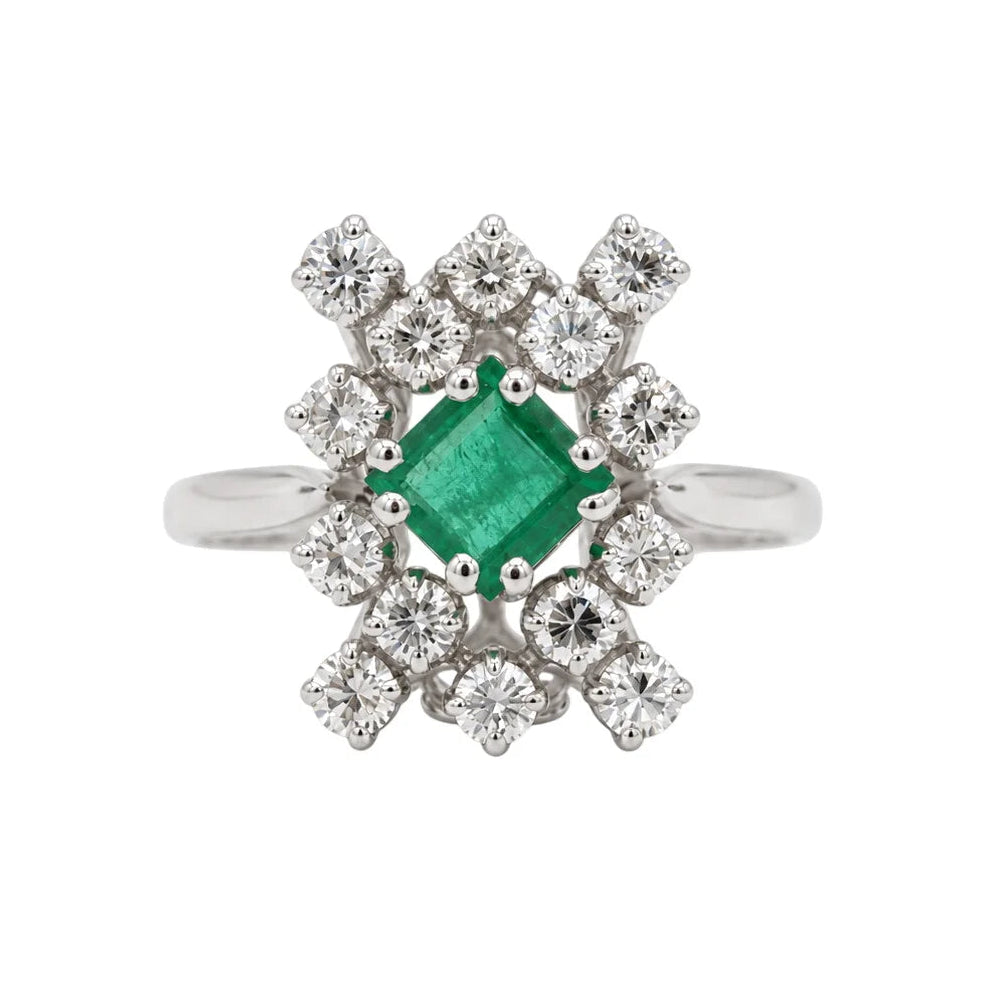 Bague Marguerite en or blanc, émeraude et diamants