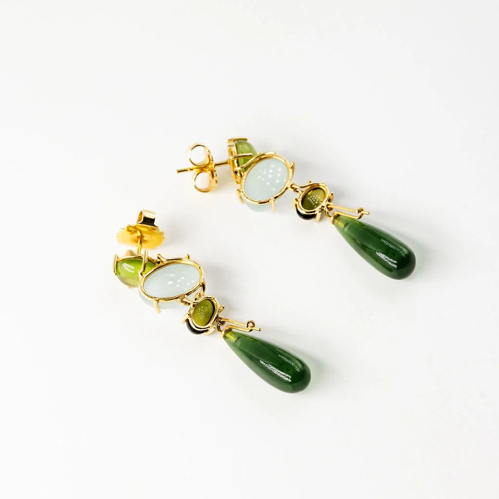 OLE LYNGGAARD "Aqua Lotus" Dangle Earrings in yellow gold with aquamarine, peridot, Tourmaline, and serpentine