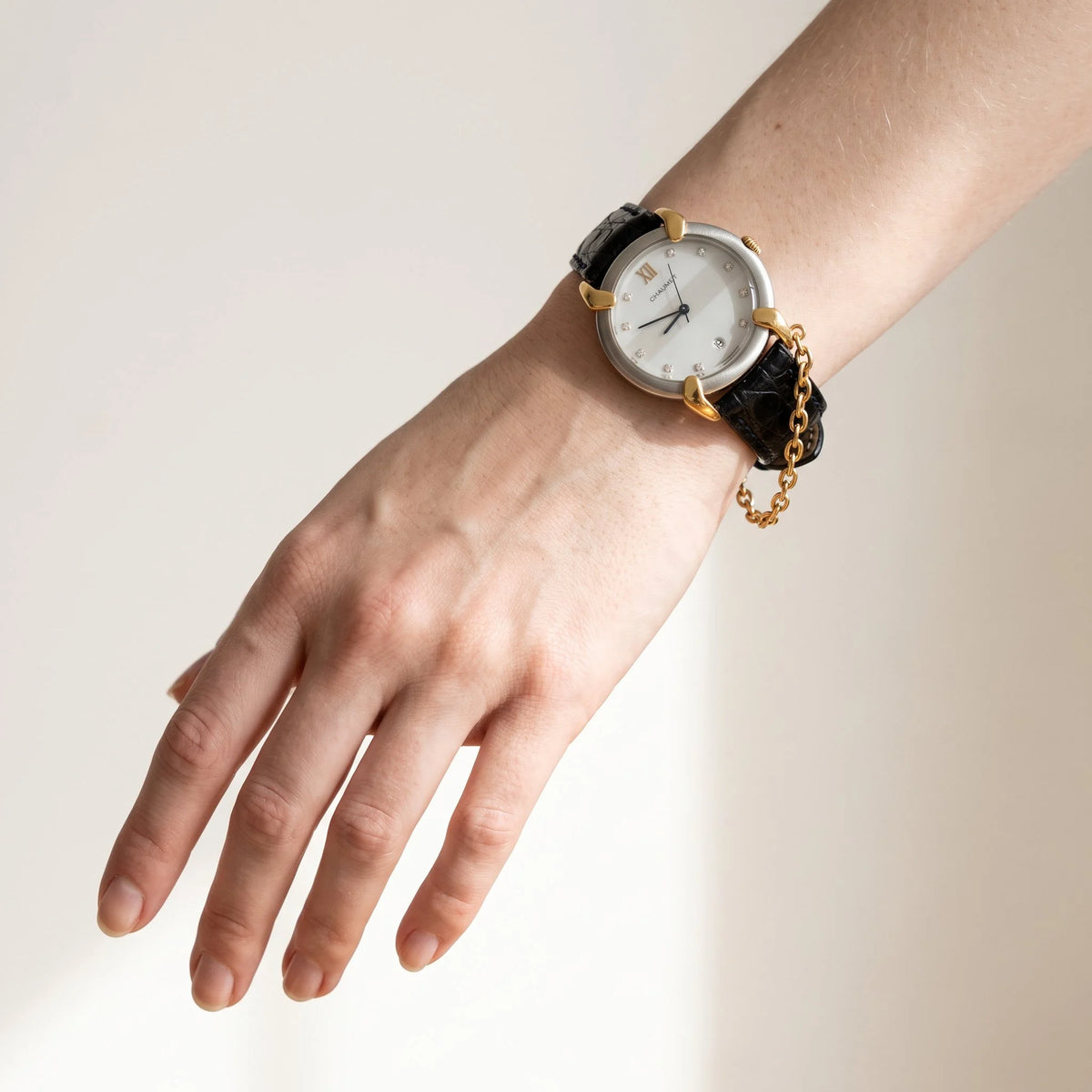 CHAUMET "Elysée" GM Watch in yellow gold, stainless steel, leather, and Diamonds