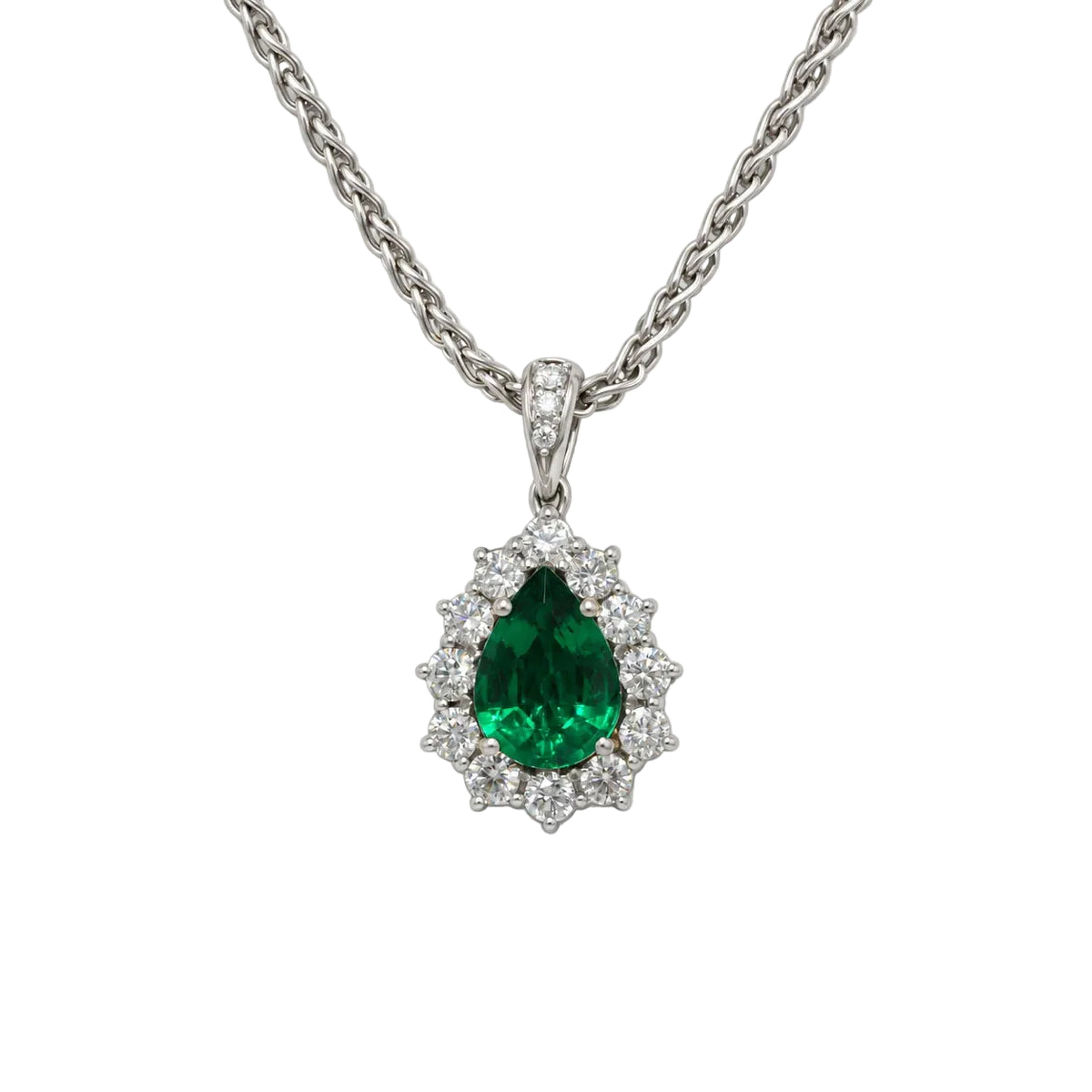 White Gold Necklace with Emerald and Diamond Pendant