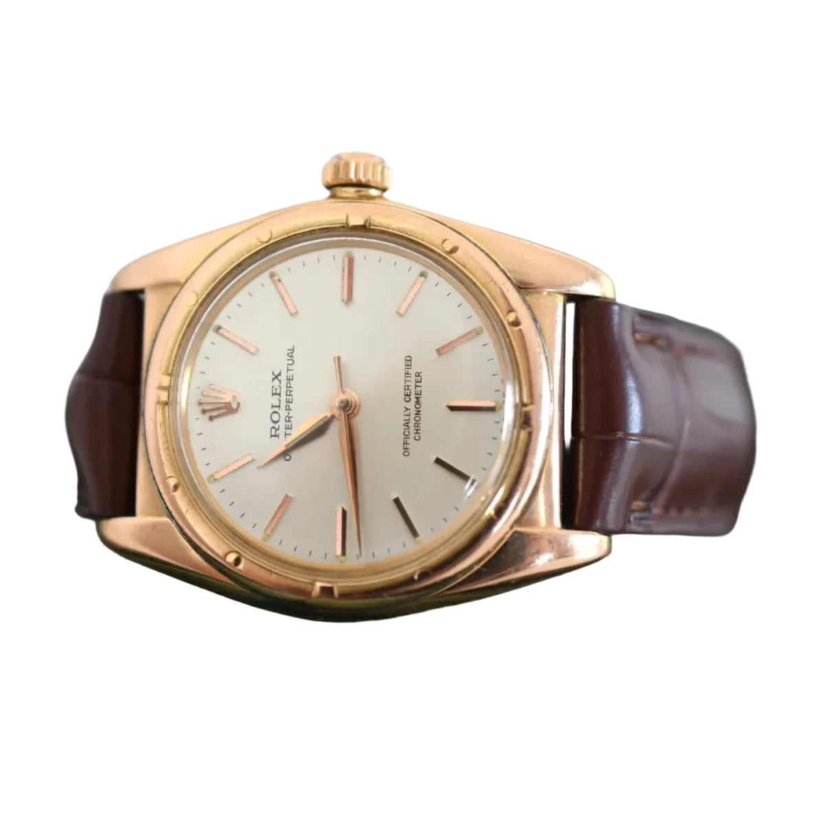ROLEX "Perpetual Ovetto Bubbleback" watch in rose gold and leather