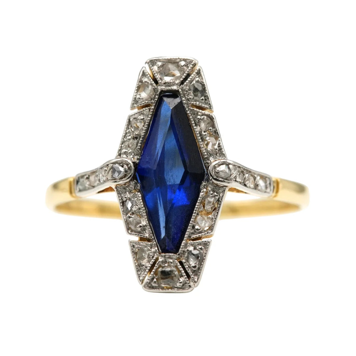 Marquise Ring in Yellow Gold, Sapphire, and Diamonds