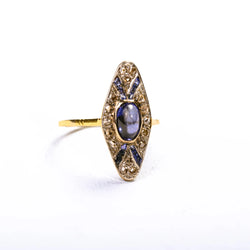 Art Deco marquise ring in multicolored gold, synthetic sapphires, and diamonds