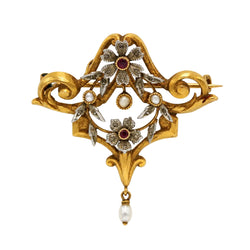Brooch and Pendant in white gold, yellow gold, garnets, pearls, and diamonds