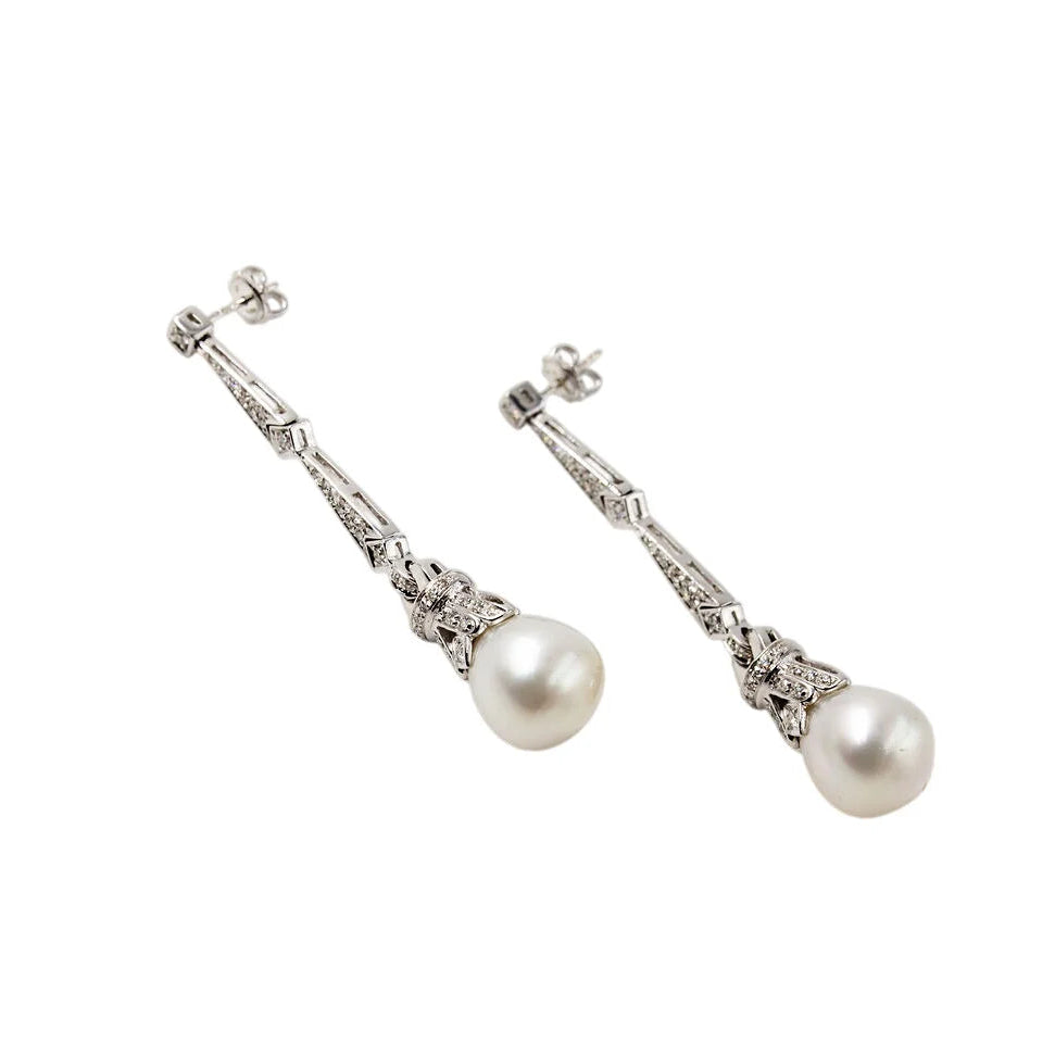 White Gold Drop Earrings with Pearls and Diamonds