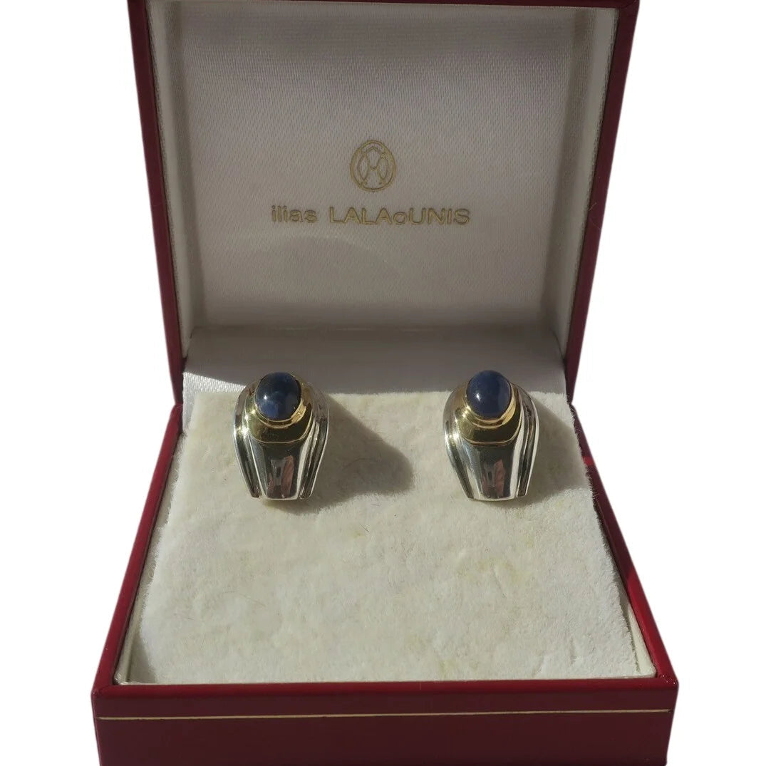 Ilias LALAOUNIS Clip-on Earrings with 3.6 carats of Sapphires, Silver, and 18k Yellow gold