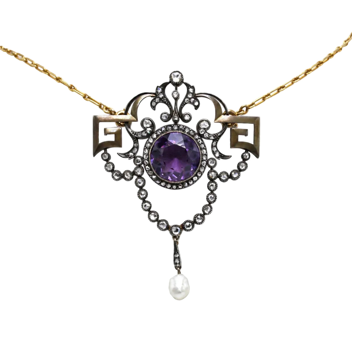 Necklace with a pendant made of yellow gold, silver, Amethyst, pearl, and diamonds