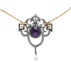 Necklace with a pendant made of yellow gold, silver, Amethyst, pearl, and diamonds
